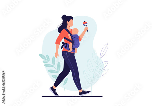 Young mother walking with her baby in a carrier and holding a rattle toy