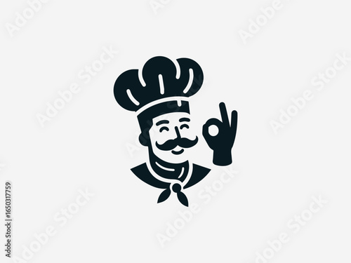 A hand-drawn illustration of a happy chef with a mustache giving a hand gesture on a white background