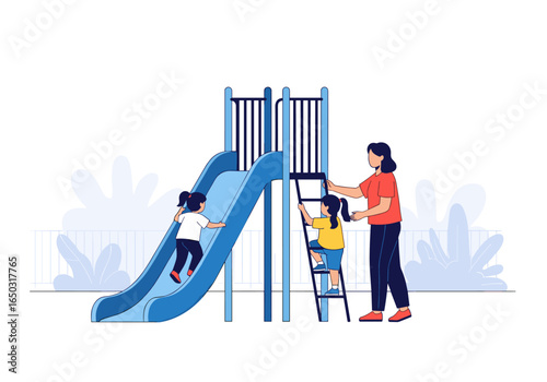Children enjoying outdoor activities on a playground slide with adult supervision
