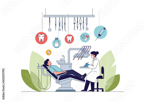 Dentist examining patient in modern dental clinic with tools and equipment