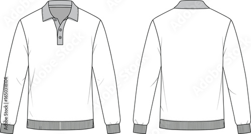 Long sleeve polo shirt fashion design template, front and back views, apparel illustration, clothing vector, garment blueprint, technical drawing for designers
