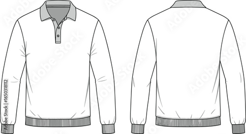 Long sleeve polo shirt fashion design template, front and back view, detailed apparel illustration, clothing vector, garment blueprint, technical drawing for designers