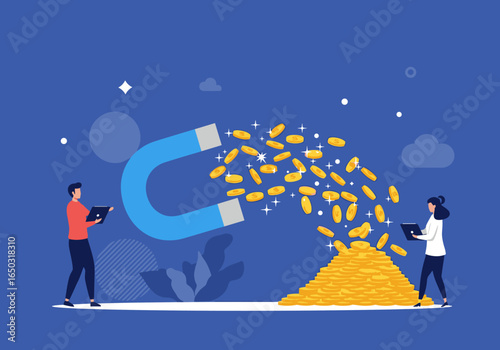 Attracting money with a large magnet and two people watching the process