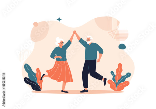 Happy elderly couple dancing together in a joyful celebration of life and movement