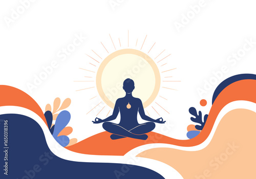 Silhouette of a person meditating peacefully under a bright shining sun
