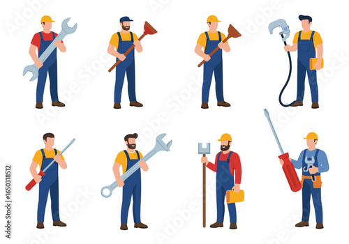 Collection of plumbers holding various tools ready for plumbing work