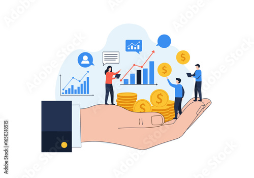 Analyzing financial growth with team members and coins in hand