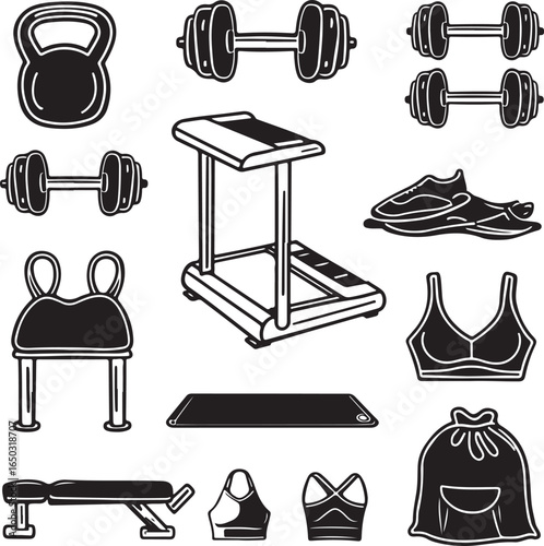 Collection of gym equipment and workout accessories hand drawn icons kettlebell dumbbell