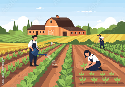 Farmers tend to crops in a field next to a barn on a sunny day