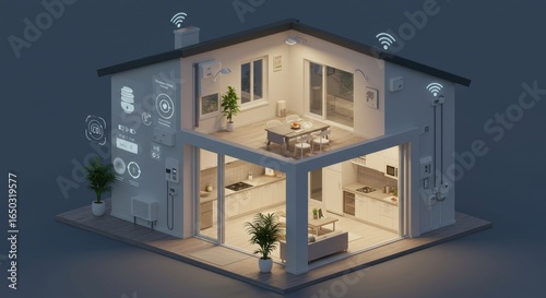 Smart Home Technology Interior Design - Modern smart home interior cutaway showing technology integration, energy efficiency, and home automation features