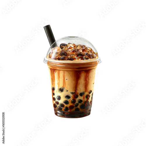 Delicious Brown Sugar Boba Milk Tea in Plastic Cup with Ice and Straw