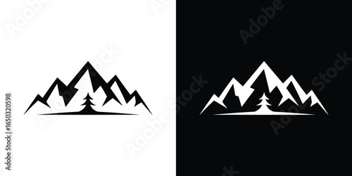 Mountain Peak Silhouette Logo with Evergreen Tree on Black and White Background Split