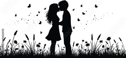 Romantic silhouette couple kissing in floral field with butterflies, intimate embrace, nature scenery, love, passion, affection, wedding, Valentine’s Day artwork