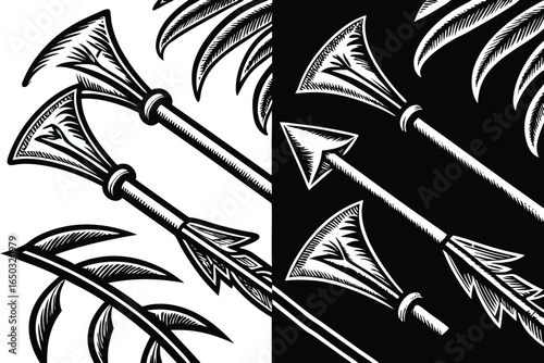 Hand drawn set of Stylized Arrows with Feather Fletching on Black and White Backgrounds bow and arrow hunting