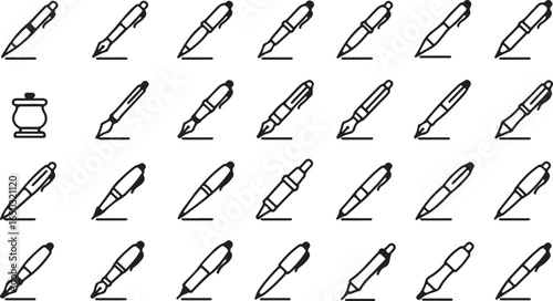 Collection of black and white line art icons of various pens and an inkwell writing stationery