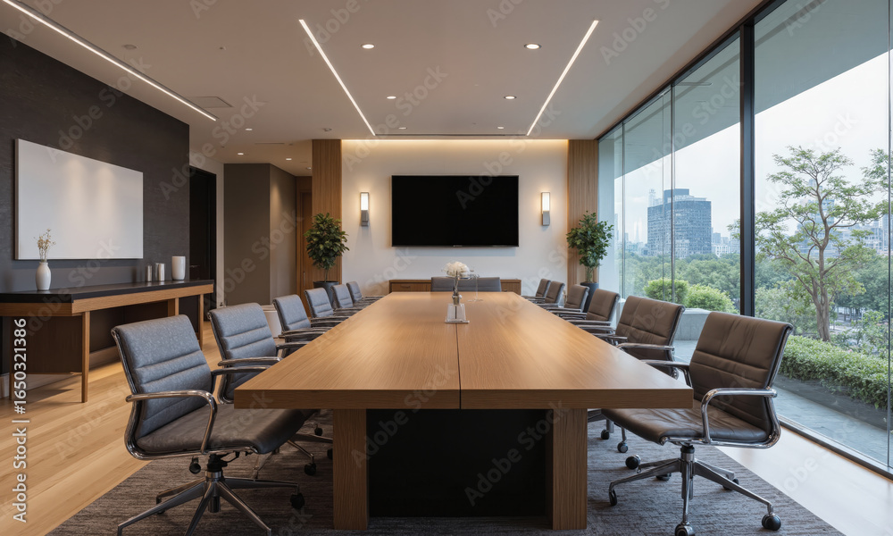 Fototapeta premium Sleek and contemporary boardroom with a long wooden conference table, ergonomic leather chairs, and sophisticated lighting. Include a wall-mounted screen