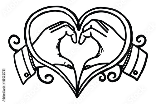 Hand drawn set of Two Hands Forming a Heart Shape within a Heart Outline love romance