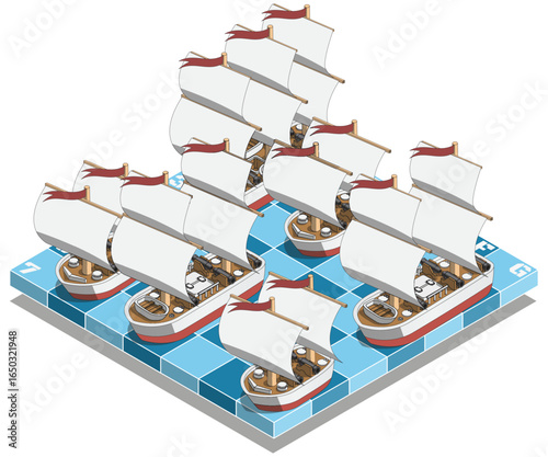 Naval battle of sailing ships. Board game. Isometric. Isolated on white background. Vector illustration. Vector illustration.