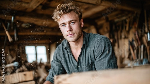 Young Carpenter in Woodworking Workshop Surrounded by Wooden Structures and Tools