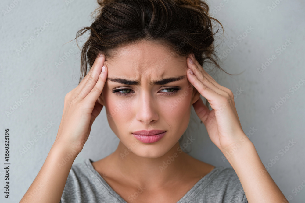 Fototapeta premium A woman with her hands on her head, looking sad