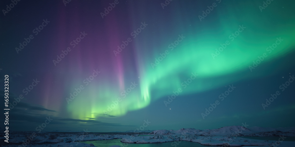 Naklejka premium A shimmering aurora borealis effect sweeps diagonally across a dark indigo canvas, its vibrant hues of green, purple, and teal