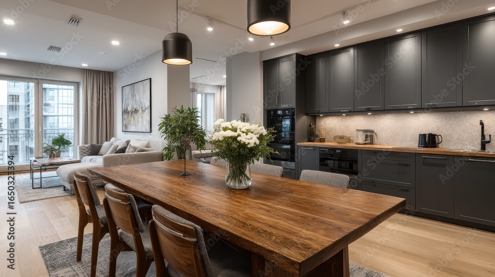 Fototapeta premium Modern interior design of scandinavian kitchen with dining table and chairs.