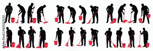 Black Silhouettes of People Cleaning with Red Mops and Buckets on White Background