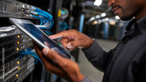 Engineer checking server ports with tablet in hand