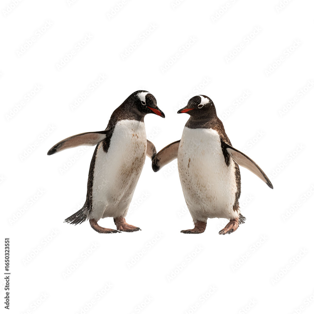 Obraz premium Png of Two adorable Gentoo penguins standing together, showcasing their charm and playful demeanor.