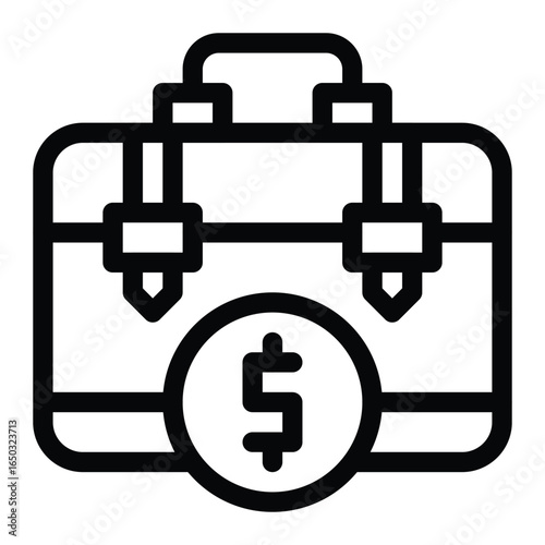 Black line drawing of a briefcase with a dollar sign coin on the front, web icons in line style. Editable stroke