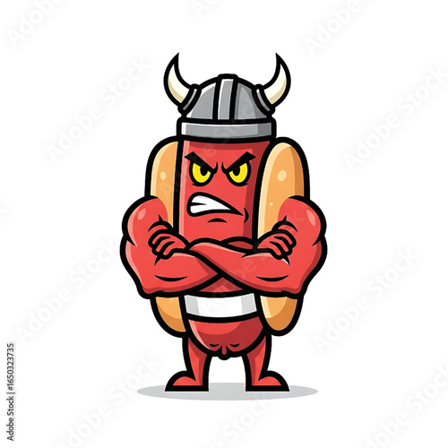 Cartoon Viking Hot Dog Mascot with Muscles and Angry Face Illustration