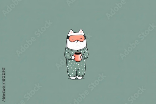Sleepy cat in pajamas holds a coffee cup