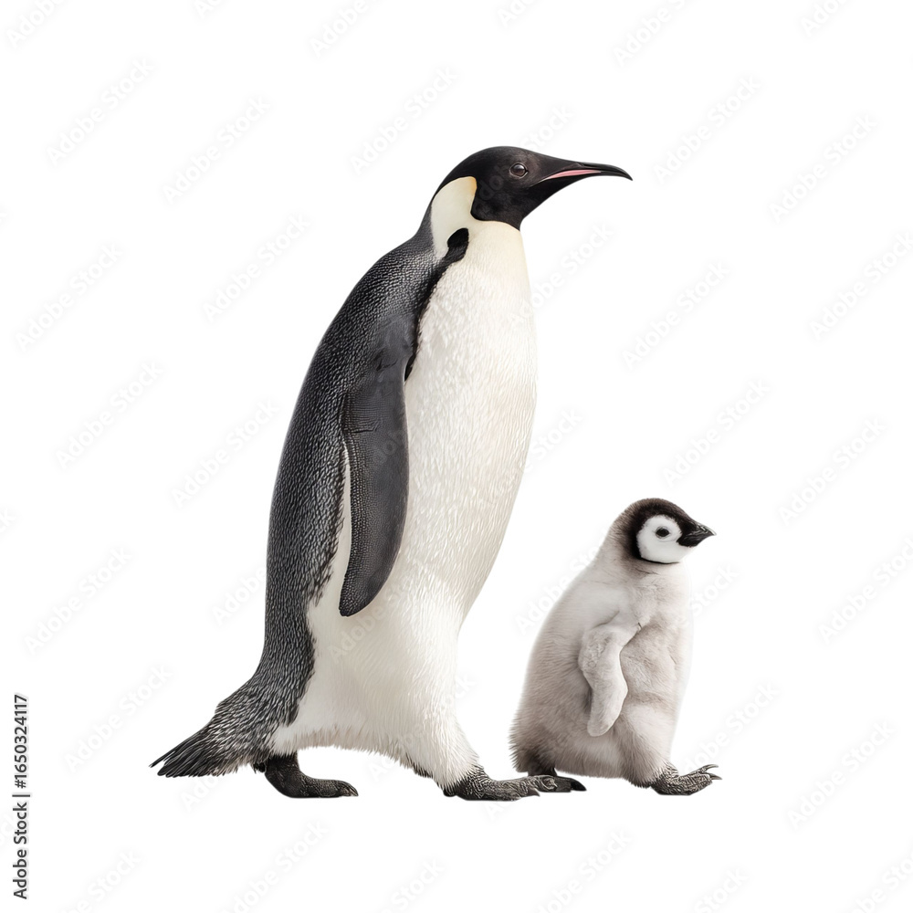 Obraz premium Png of An adult Emperor Penguin and a fluffy chick walking side by side, showcasing their bond and unique features.