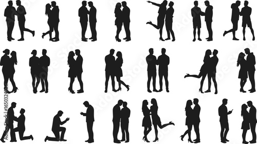 Silhouette couples in romantic, affectionate, and playful poses, love and companionship, diverse relationships, emotional bond, wedding, Valentine’s Day artistic illustration