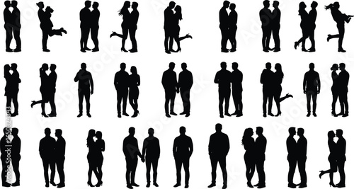 Silhouette couples in romantic poses, love and affection, diverse relationships, intimate embrace, perfect for Valentine’s Day, wedding, romantic design illustrations