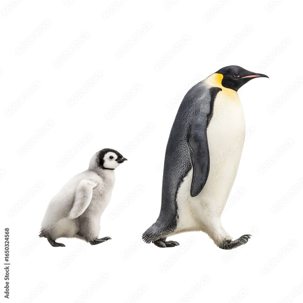 Fototapeta premium Png of An adorable baby penguin walks alongside its parent, showcasing the bond between them in a frozen environment.