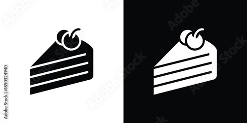 Sliced Cake with Cherry Icons in Black and White Color Scheme Design