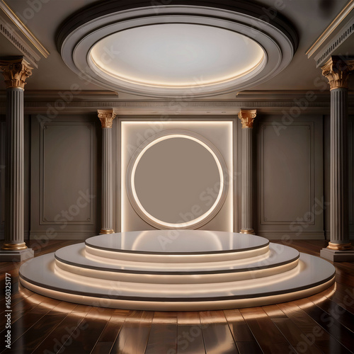 Elegant empty stage design with illuminated circle frame and classic architecture interior
