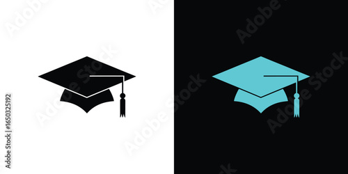 Split Black Graduation Cap on White, Cyan Cap on Black Background, Minimalist Design