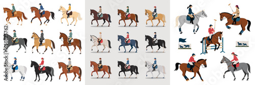 Equestrian Illustrations Various Colored Horses with Riders Depicting Dressage and Polo Scenes, Including Jumping
