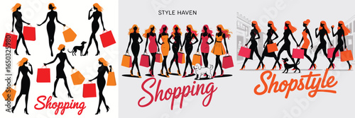 Fashionable Women Silhouettes Shopping with Dogs, Style Haven, Shopstyle, Holding Red and Orange Bags, High Heels