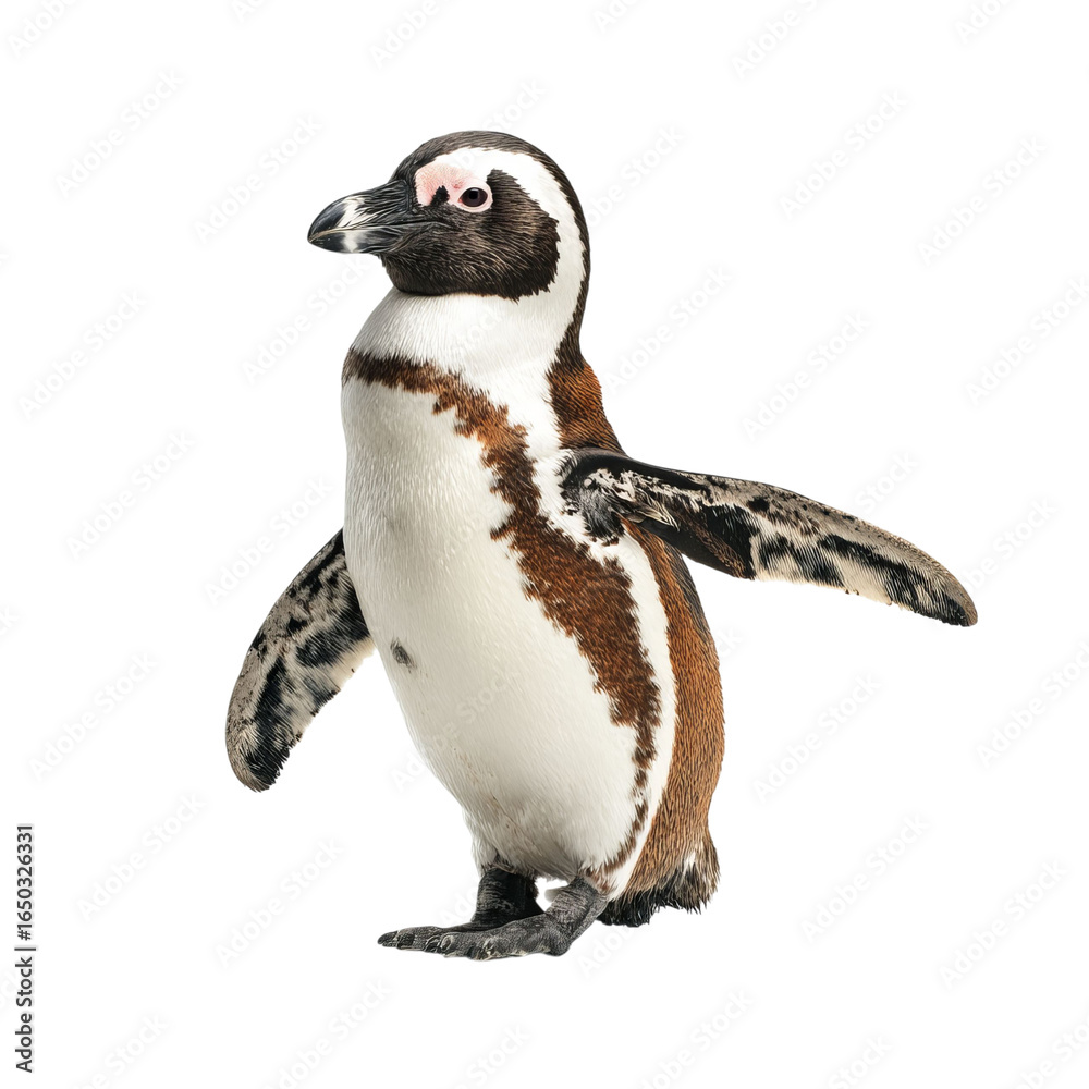 Fototapeta premium Png of A cute African penguin displaying its distinctive markings with its wings outstretched.