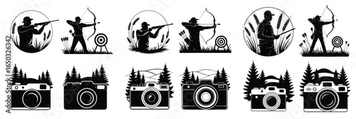 Hunting and Photography Silhouette Vectors Archers, Rifles, Wheat, Targets, and Forest Camera Designs