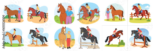 Illustrated Set of Horses and Riders Show Jumping, Horseback Riding, and Companion Animal Scenes