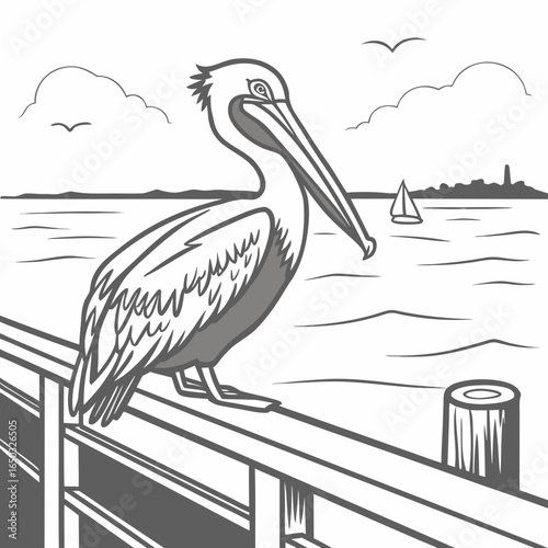 Pelican perched on a pier with a sailboat in the distance