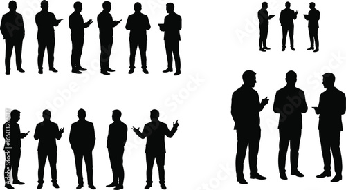 Silhouettes of businessmen in conversation, group discussion, corporate networking, professional interaction, teamwork and collaboration, isolated on white background vector illustration