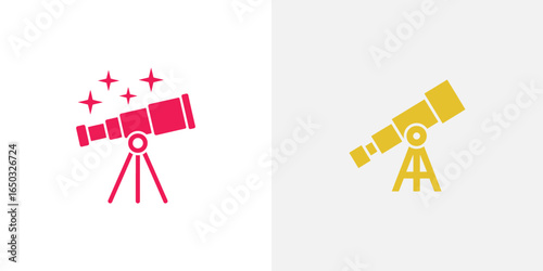 Telescopes Icons Red Telescope with Stars, Yellow Telescope on Stand, Astronomy Illustrations