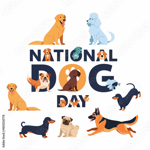 An illustration celebrating National Dog Day, featuring a diverse collection of happy dog breeds on a white background