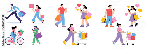 Illustration People Shopping with Bags, Phones, Bike, and Carts, Celebrating Online Purchases