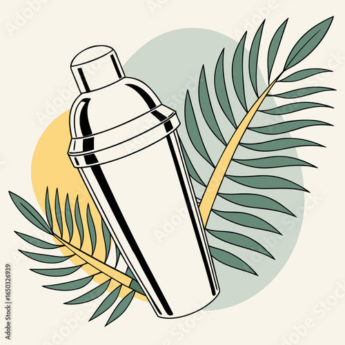 Cocktail shaker with tropical palm leaves barware drink